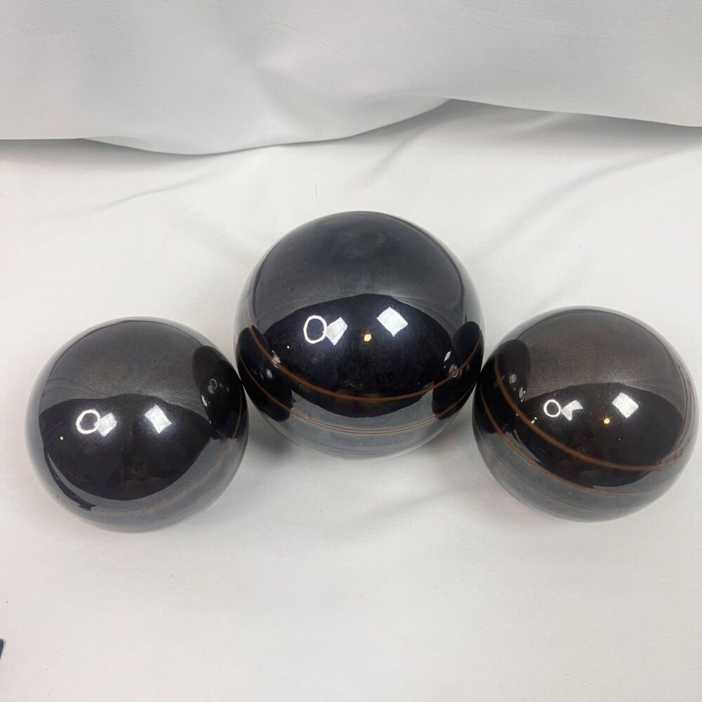 3 Vintage Black Ceramic Glazed Copper Bands Japanese Sphere Orbs Paperweight